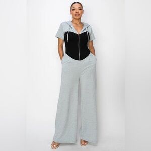 Short-Sleeve Hooded Jumpsuit with Black Bust Panel